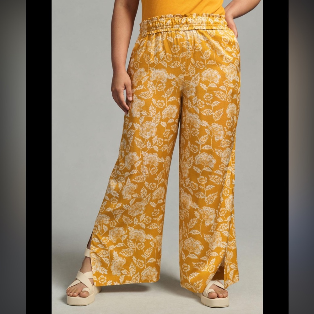 - Anthropologie pull-on floral wide leg viscose pants, mustard/white, size…